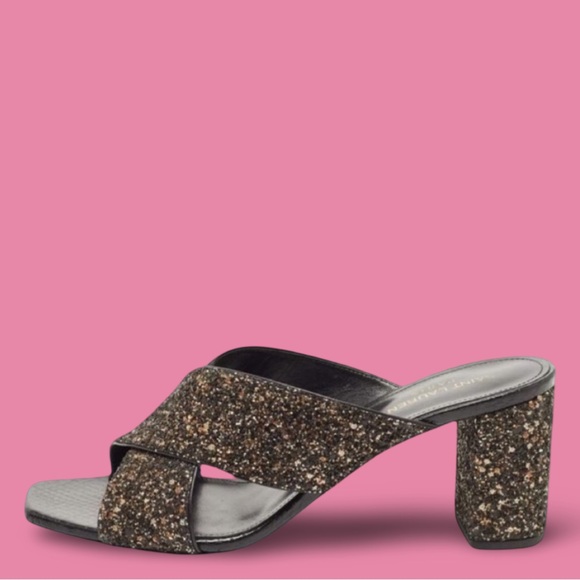 Saint Laurent Shoes - Saint Laurent Black and Gold Glitter Crisscross Block Heel Mules